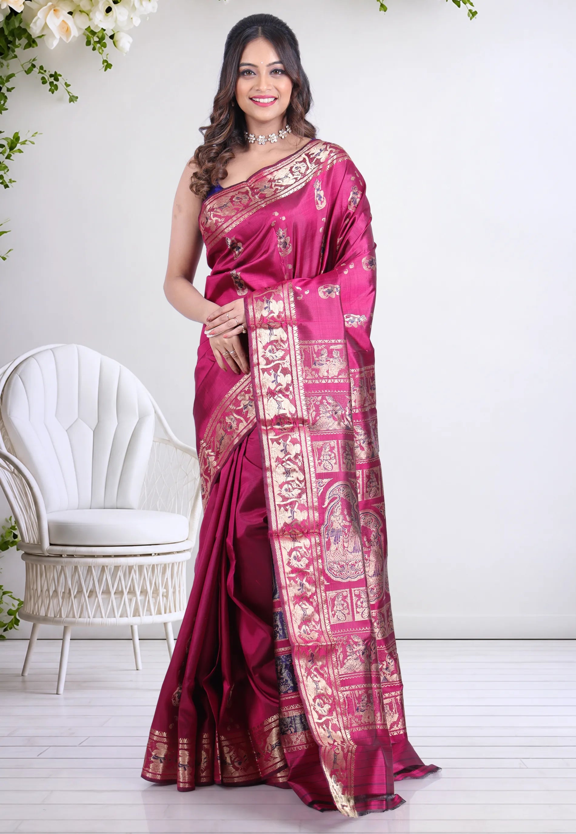 Cross Magenta Pure Baluchari Silk Saree with Blouse Piece - Adi Akshoy & Co.