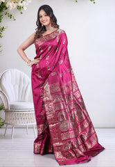 Cross Magenta Pure Baluchari Silk Saree with Blouse Piece - Adi Akshoy & Co.