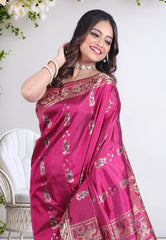 Cross Magenta Pure Baluchari Silk Saree with Blouse Piece - Adi Akshoy & Co.