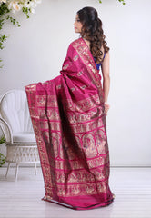 Cross Magenta Pure Baluchari Silk Saree with Blouse Piece - Adi Akshoy & Co.