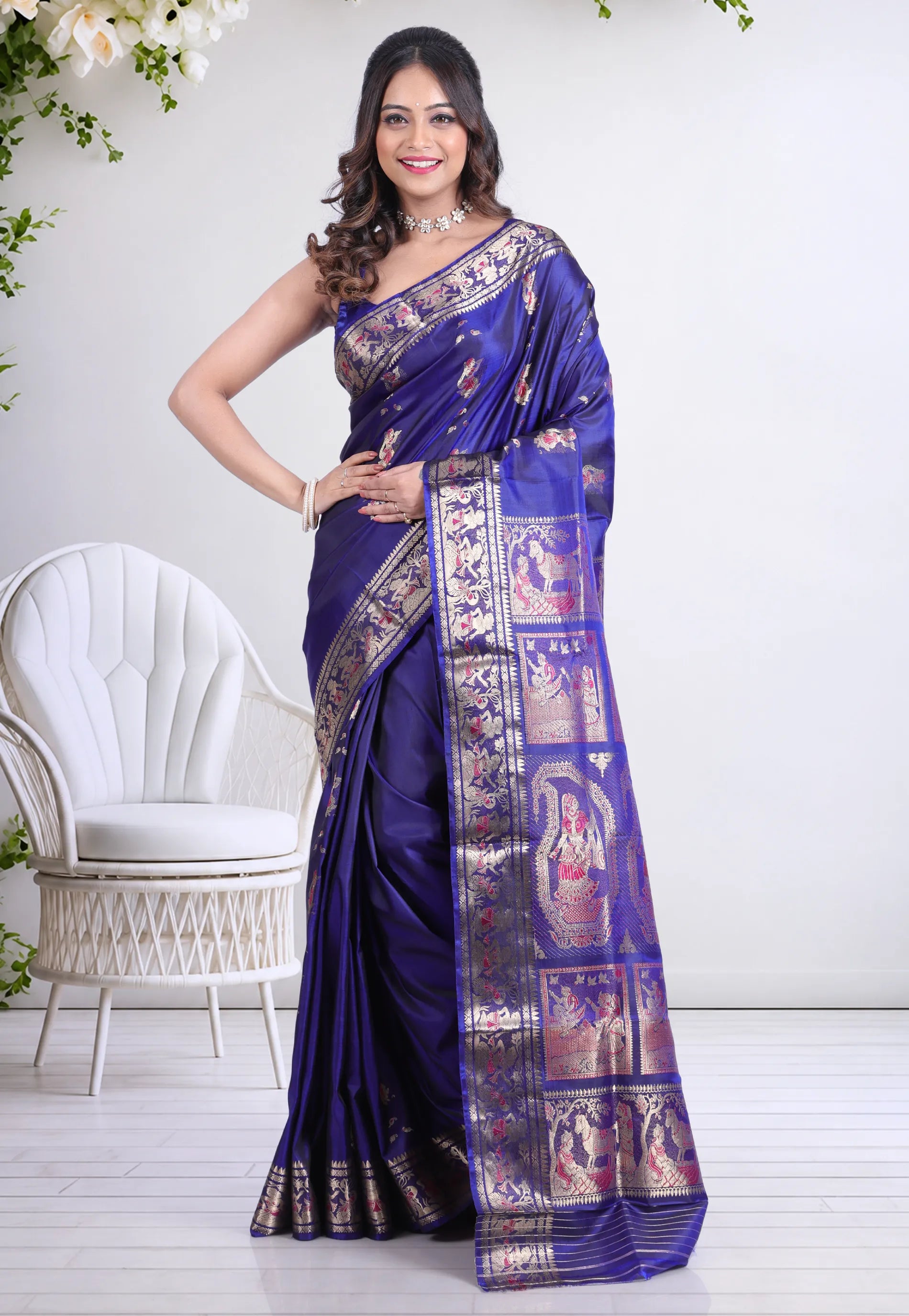 Deep Navy Blue Pure Baluchari Silk Saree with Blouse Piece - Adi Akshoy & Co.