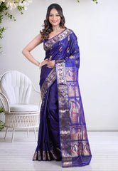 Deep Navy Blue Pure Baluchari Silk Saree with Blouse Piece - Adi Akshoy & Co.