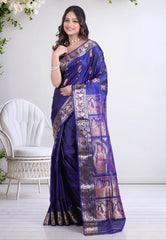 Deep Navy Blue Pure Baluchari Silk Saree with Blouse Piece - Adi Akshoy & Co.