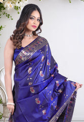 Deep Navy Blue Pure Baluchari Silk Saree with Blouse Piece - Adi Akshoy & Co.