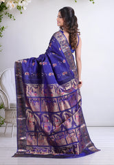 Deep Navy Blue Pure Baluchari Silk Saree with Blouse Piece - Adi Akshoy & Co.