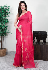 Rani Pink Handloom Saree With Blouse Piece