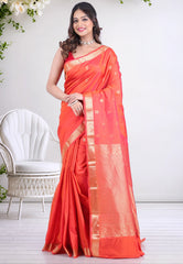 Orange Pure Kanjivaram Silk Saree with Blouse Piece - Adi Akshoy & Co.
