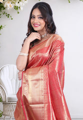 Red Brocade Kanjivaram Silk Saree with Blouse Piece - Adi Akshoy & Co.