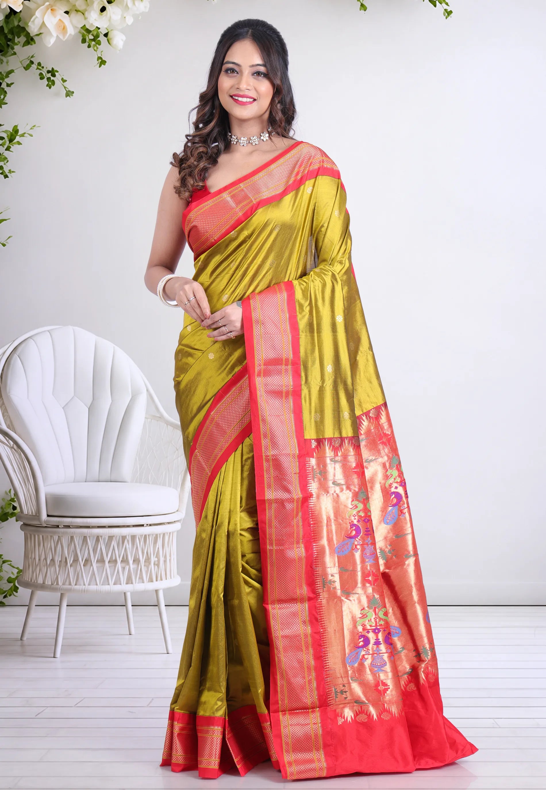 Pista Green Pure Paithani Silk Saree With Blouse Piece - Adi Akshoy & Co.