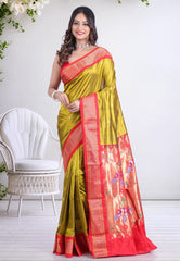 Pista Green Pure Paithani Silk Saree With Blouse Piece - Adi Akshoy & Co.