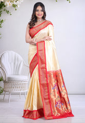 Cream Colour Pure Paithani Silk Saree With Blouse Piece - Adi Akshoy & Co.