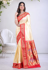 Cream Colour Pure Paithani Silk Saree With Blouse Piece - Adi Akshoy & Co.