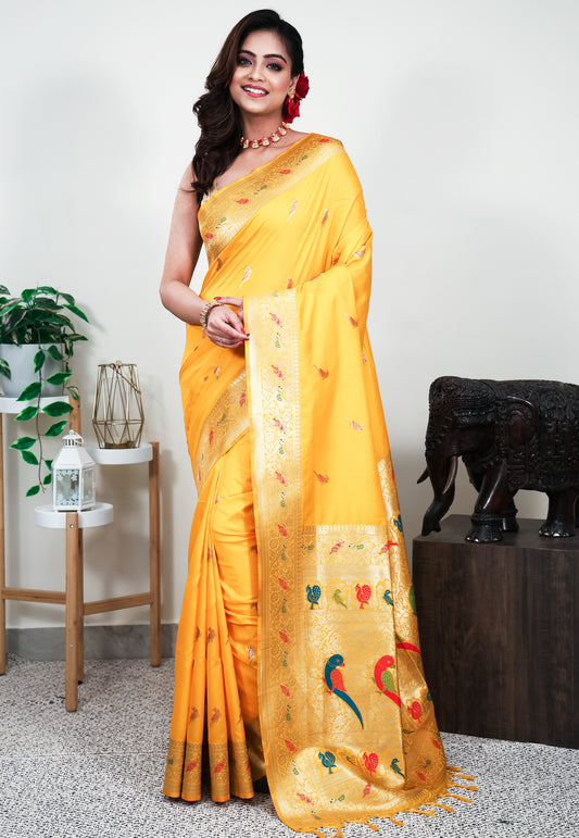 Yellow Mashru Silk Saree with Blouse Piece