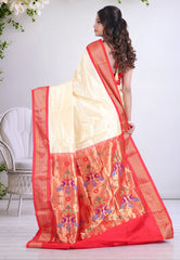 Cream Colour Pure Paithani Silk Saree With Blouse Piece - Adi Akshoy & Co.