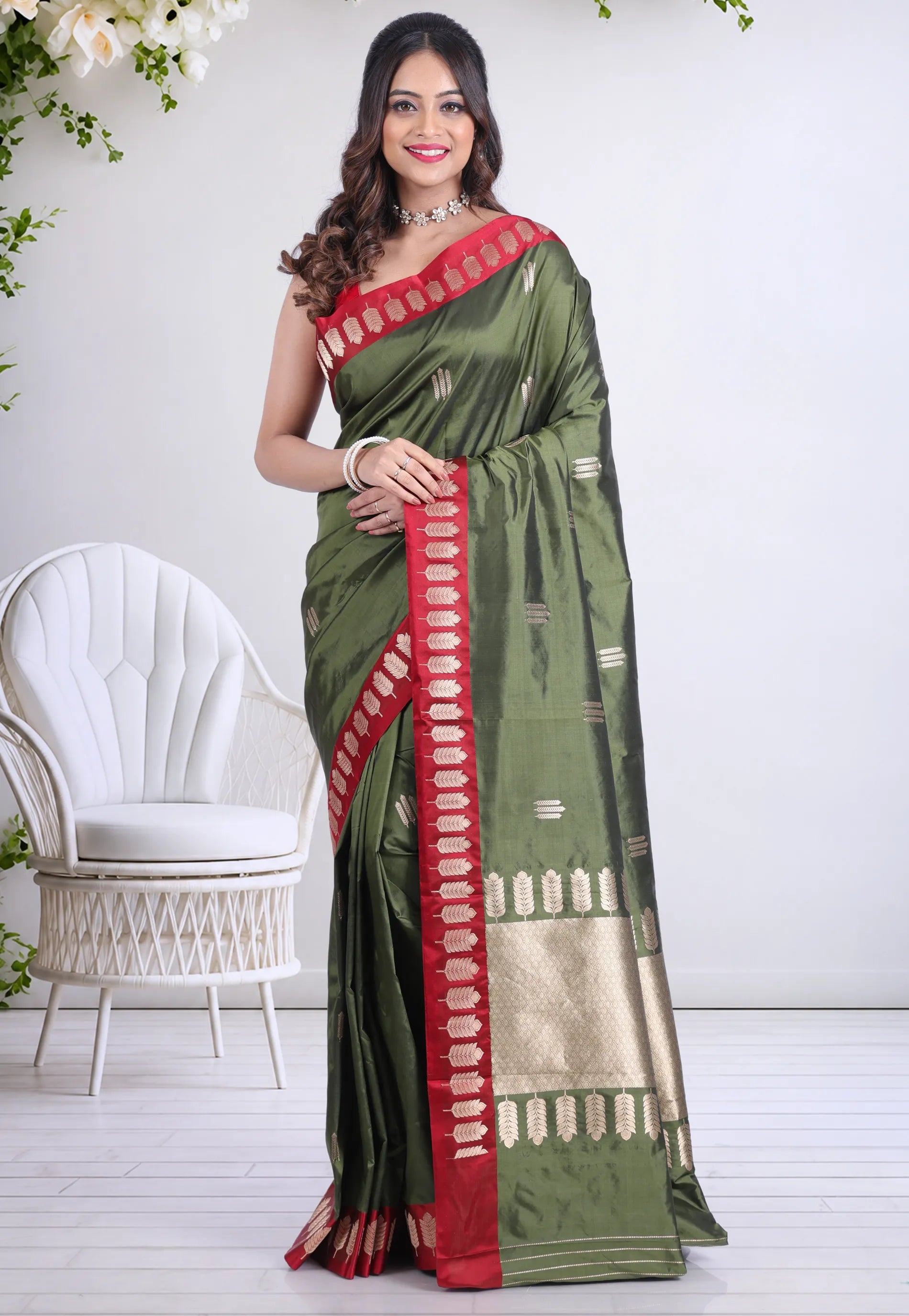 Olive Green Pure Katan Silk Saree with Blouse Piece - Adi Akshoy & Co.