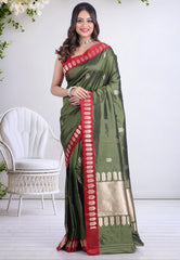 Olive Green Pure Katan Silk Saree with Blouse Piece - Adi Akshoy & Co.