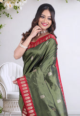 Olive Green Pure Katan Silk Saree with Blouse Piece - Adi Akshoy & Co.