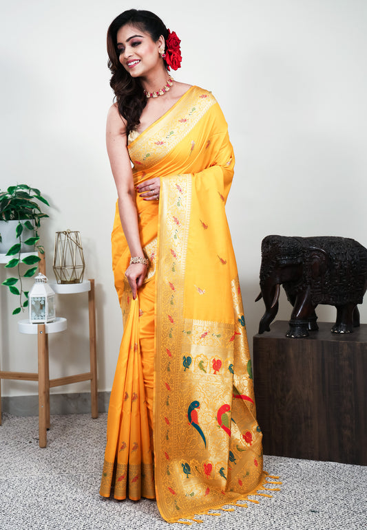 Yellow Mashru Silk Saree with Blouse Piece