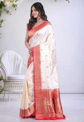 Cream Colour Pure Katan Silk Saree with Blouse Piece - Adi Akshoy & Co.