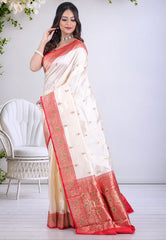 Cream Colour Pure Katan Silk Saree with Blouse Piece - Adi Akshoy & Co.
