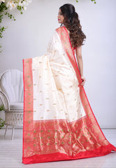 Cream Colour Pure Katan Silk Saree with Blouse Piece - Adi Akshoy & Co.