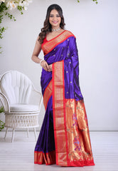 Navy Blue Pure Paithani Silk Saree With Blouse Piece - Adi Akshoy & Co.