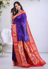 Navy Blue Pure Paithani Silk Saree With Blouse Piece - Adi Akshoy & Co.