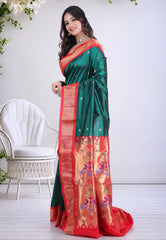 Bottle Green Pure Paithani Silk Saree With Blouse Piece - Adi Akshoy & Co.