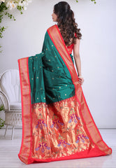 Bottle Green Pure Paithani Silk Saree With Blouse Piece - Adi Akshoy & Co.