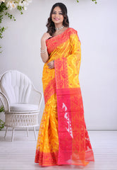 Yellow Dhakai Jamdani Cotton Saree without Blouse Piece - Adi Akshoy & Co.