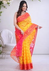 Yellow Dhakai Jamdani Cotton Saree without Blouse Piece - Adi Akshoy & Co.