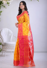 Yellow Dhakai Jamdani Cotton Saree without Blouse Piece