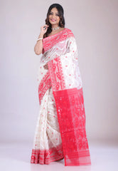 White Dhakai Jamdani Cotton Saree without Blouse Piece - Adi Akshoy & Co.