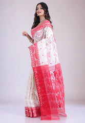 White Dhakai Jamdani Cotton Saree without Blouse Piece - Adi Akshoy & Co.