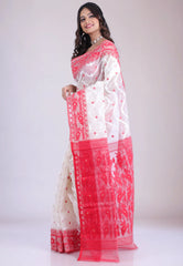 White Dhakai Jamdani Cotton Saree without Blouse Piece - Adi Akshoy & Co.