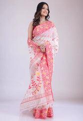 White Dhakai Jamdani Cotton Saree without Blouse Piece - Adi Akshoy & Co.