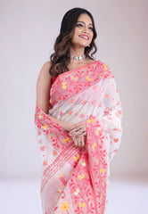 White Dhakai Jamdani Cotton Saree without Blouse Piece - Adi Akshoy & Co.