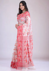 White Dhakai Jamdani Cotton Saree without Blouse Piece - Adi Akshoy & Co.