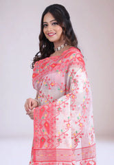 White Dhakai Jamdani Cotton Saree without Blouse Piece - Adi Akshoy & Co.