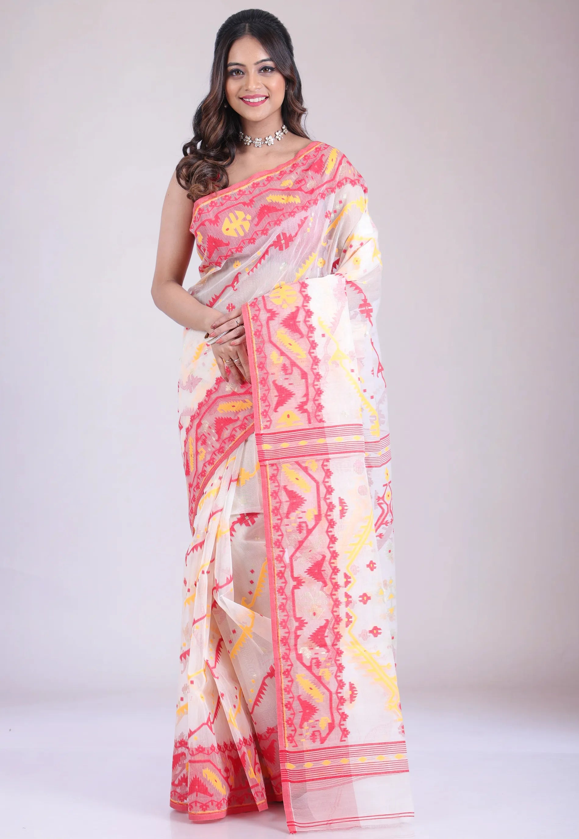 White Dhakai Jamdani Cotton Saree without Blouse Piece - Adi Akshoy & Co.