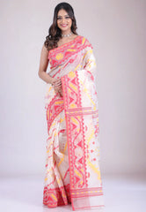 White Dhakai Jamdani Cotton Saree without Blouse Piece - Adi Akshoy & Co.