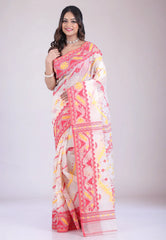 White Dhakai Jamdani Cotton Saree without Blouse Piece - Adi Akshoy & Co.