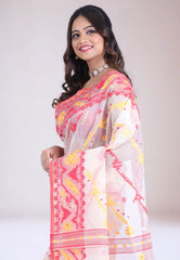 White Dhakai Jamdani Cotton Saree without Blouse Piece - Adi Akshoy & Co.