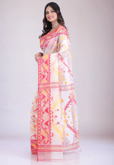 White Dhakai Jamdani Cotton Saree without Blouse Piece - Adi Akshoy & Co.