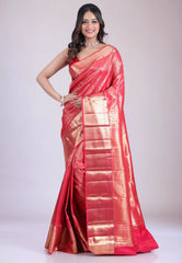 Red Brocade Kanjivaram Silk Saree with Blouse Piece - Adi Akshoy & Co.