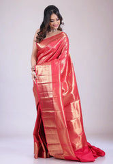 Red Brocade Kanjivaram Silk Saree with Blouse Piece - Adi Akshoy & Co.