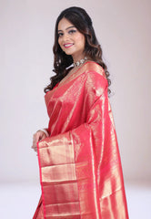 Red Brocade Kanjivaram Silk Saree with Blouse Piece - Adi Akshoy & Co.