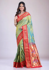 Cross Green Pure Paithani Silk Saree With Blouse Piece - Adi Akshoy & Co.