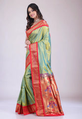 Cross Green Pure Paithani Silk Saree With Blouse Piece - Adi Akshoy & Co.