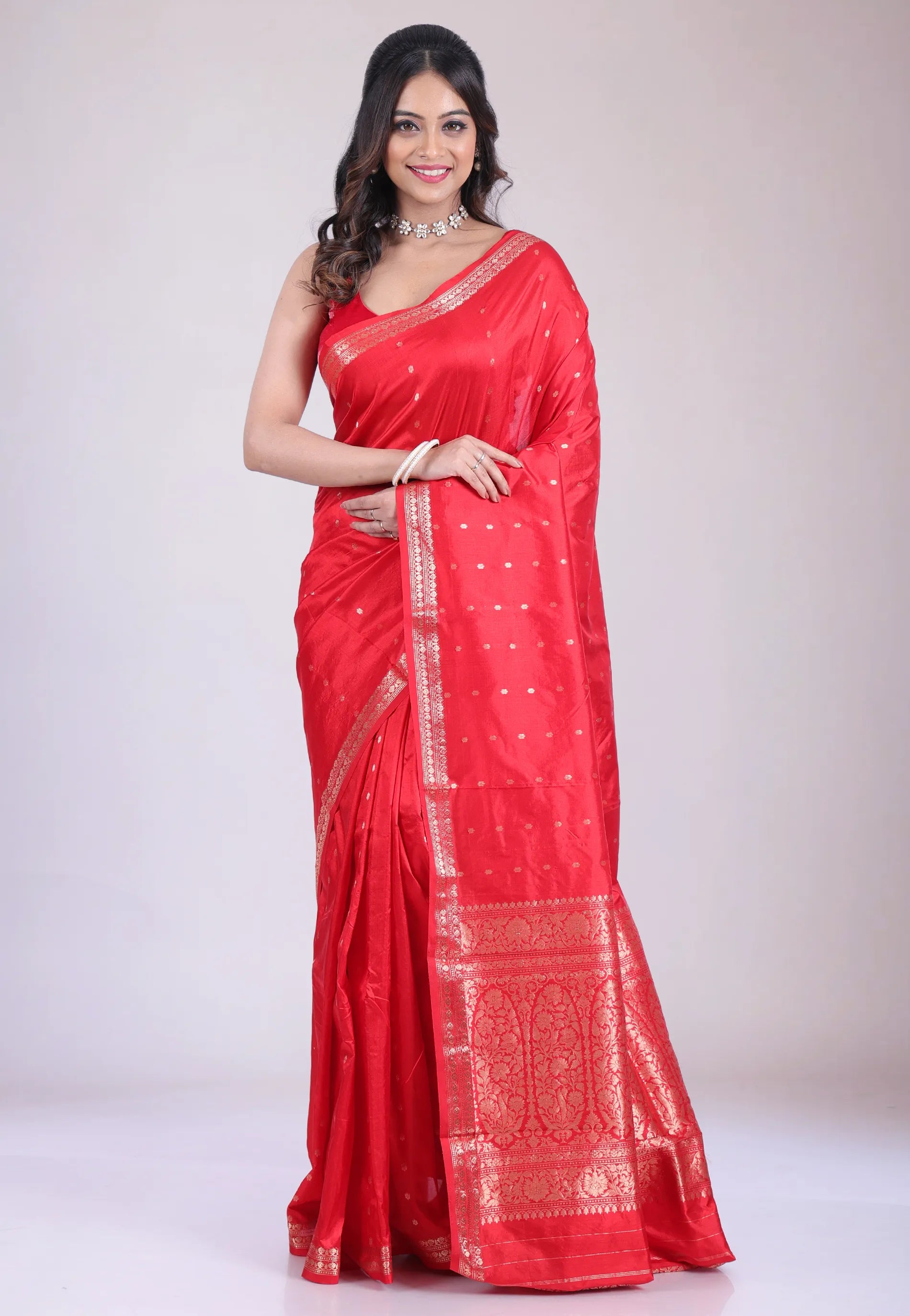 Red Pure Katan Silk Saree with Blouse Piece - Adi Akshoy & Co.